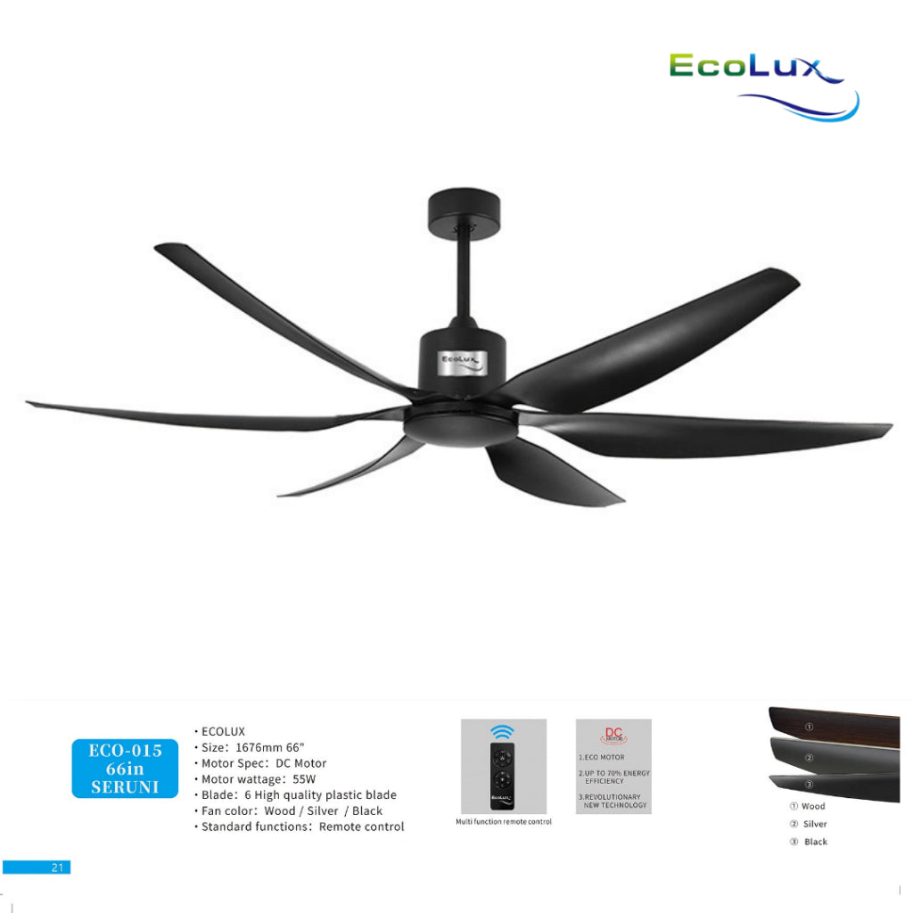 Ecolux Seruni 66IN DC Ceiling Fan + Remote | Kipas Plafon Besar Hemat Listrik Silver Black Wood
