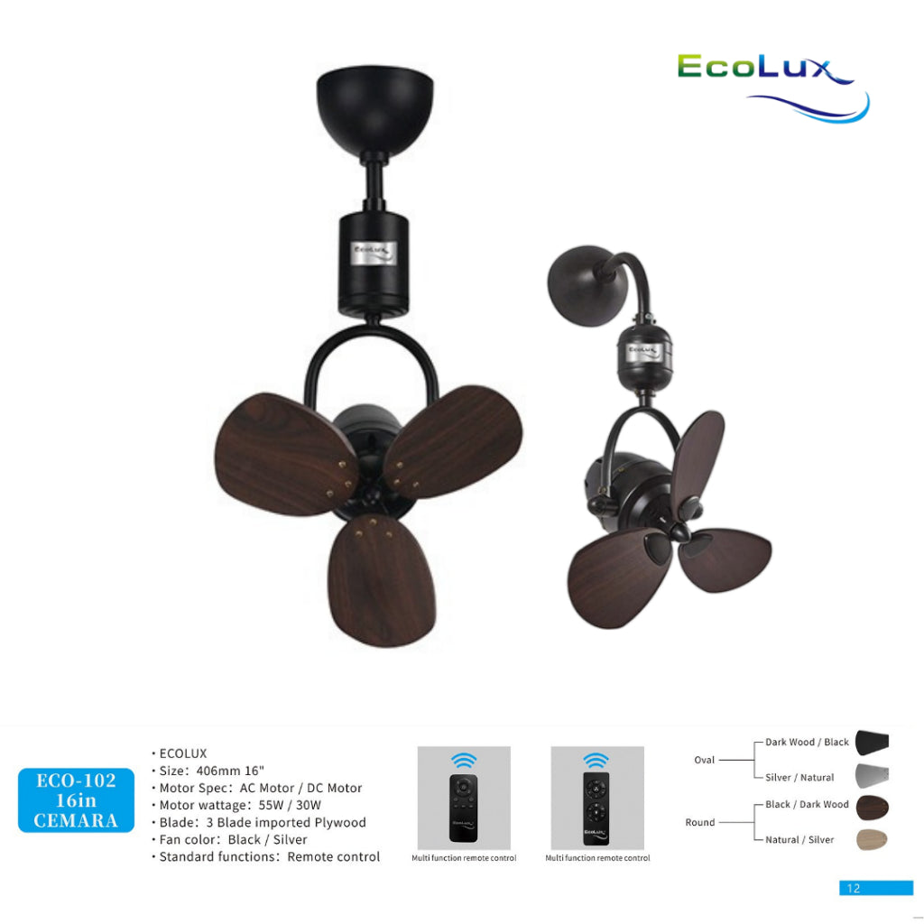 ECOLUX 16 Inch Cemara Kipas Plafon & Kipas Dinding Low Watt | Hemat Listrik | Remote Control | Black / Silver | Baling Oval & Round