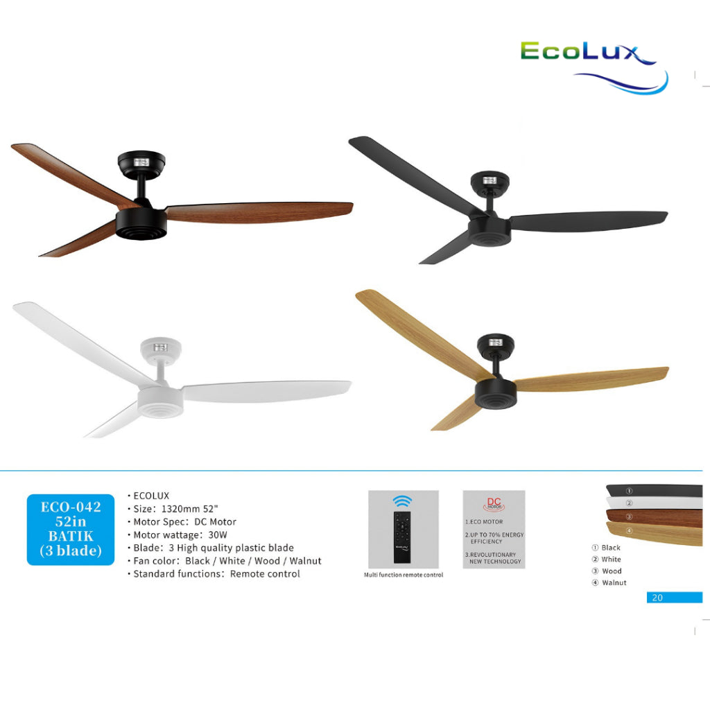 Ecolux Batik 52IN Ceiling Fan 3 Blade + Remote | Kipas Plafon Estetik Black White Walnut Wood