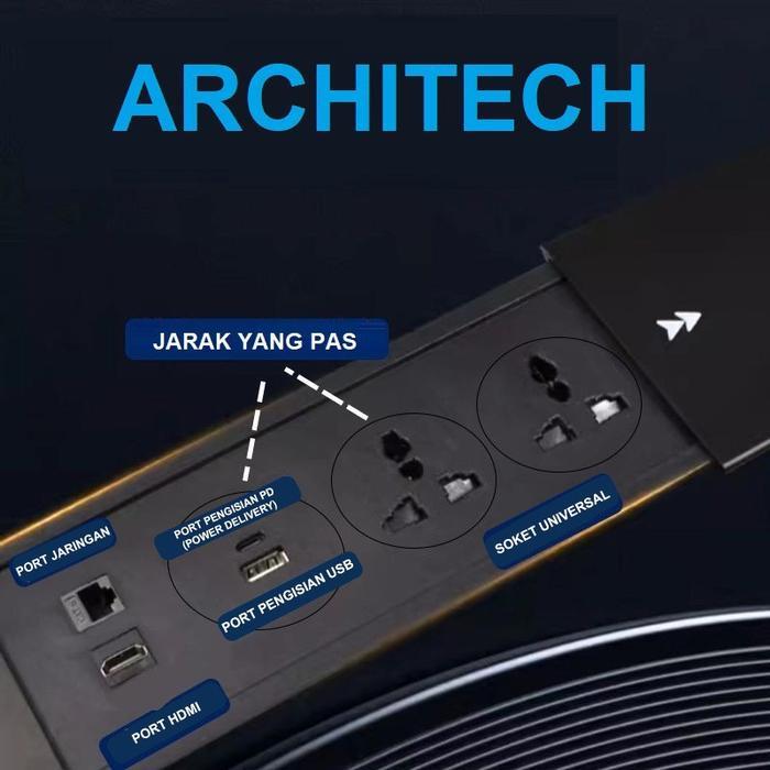 ARCHITECH MJ02 3 Lubang Stop Kontak Universal, USB A+C Fast Charging tipe Meja bentuk Slim Series