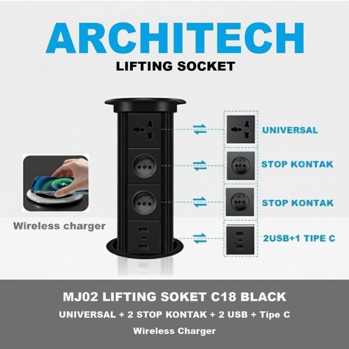ARCHITECH MJ02 Lifting Socket Stop Kontak Meja | Pop Up Socket Meja Tanam | Hidden Desk Power Socket | Stop Kontak Meja Kantor Modern