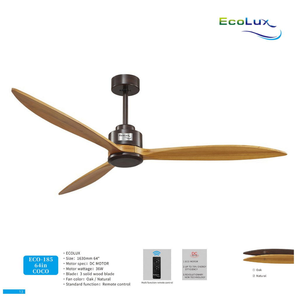 Ecolux 64IN COCO Ceiling Fan 3 Baling Kayu Oak & Natural | Kipas Angin Plafon Gantung Mewah Estetik