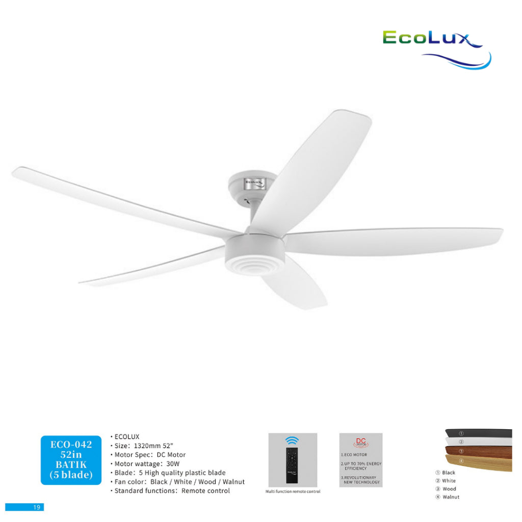 Ecolux 52IN Batik Ceiling Fan 5 Blade + Remote | Kipas Plafon Estetik Black White Walnut Wood