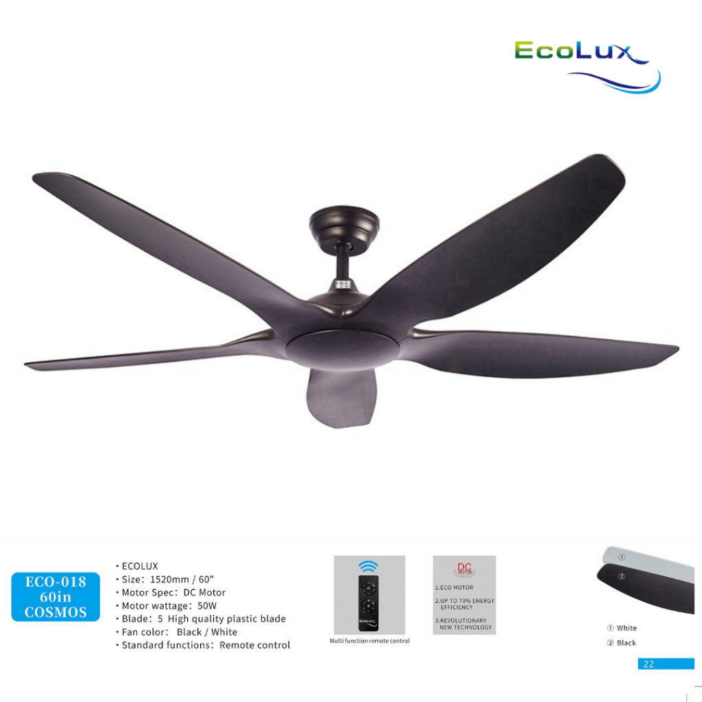 Ecolux Cosmos 60IN DC Ceiling Fan + Remote | Kipas Plafon Hemat Listrik Black White