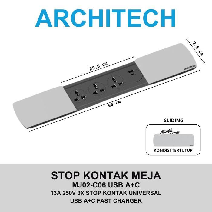 ARCHITECH MJ02 3 Lubang Stop Kontak Universal, USB A+C Fast Charging tipe Meja bentuk Slim Series
