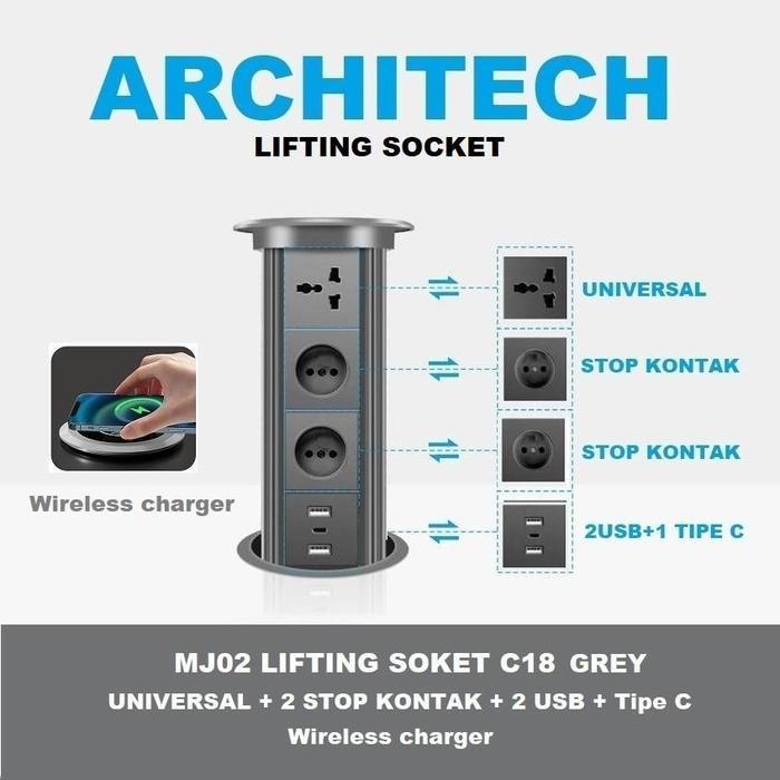 ARCHITECH MJ02 Lifting Socket Stop Kontak Meja | Pop Up Socket Meja Tanam | Hidden Desk Power Socket | Stop Kontak Meja Kantor Modern