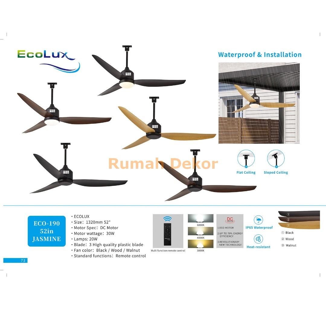 Kipas Plafon 52 Inch Ecolux Jasmine – DC Motor 30 Watt Super Hemat, Waterproof & Heat Resistant + Remote Control