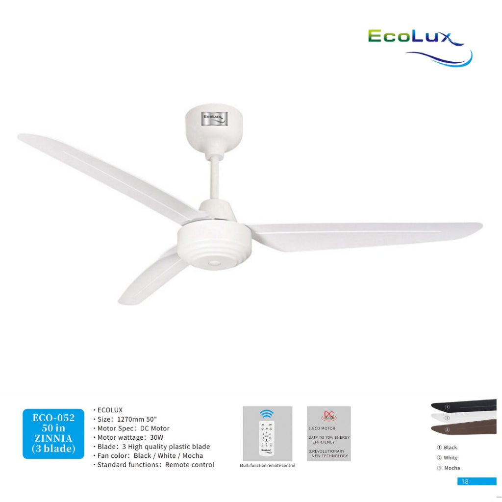 Kipas Plafon Ecolux Zinnia 50 Inch | 3 Baling Motor DC + Remote Control | Black / White / Mocha