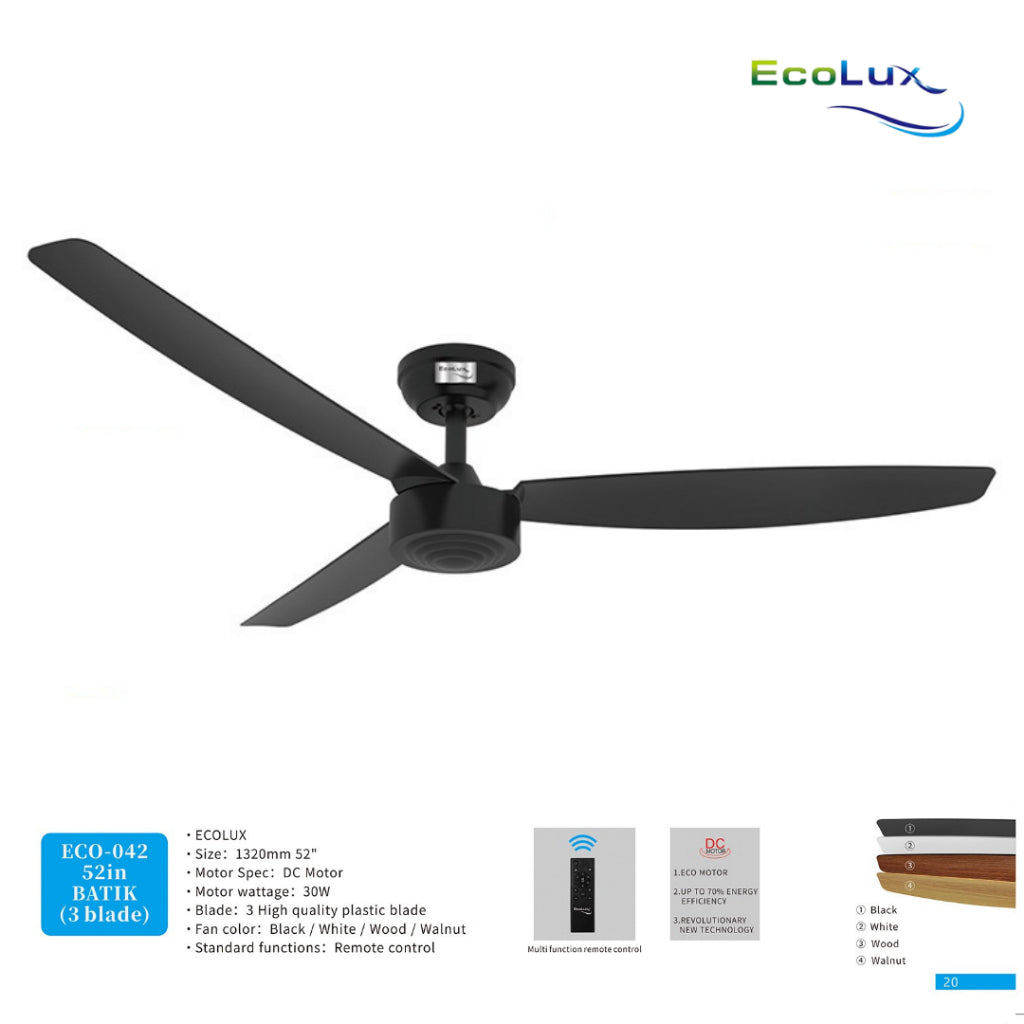 Ecolux Batik 52IN Ceiling Fan 3 Blade + Remote | Kipas Plafon Estetik Black White Walnut Wood