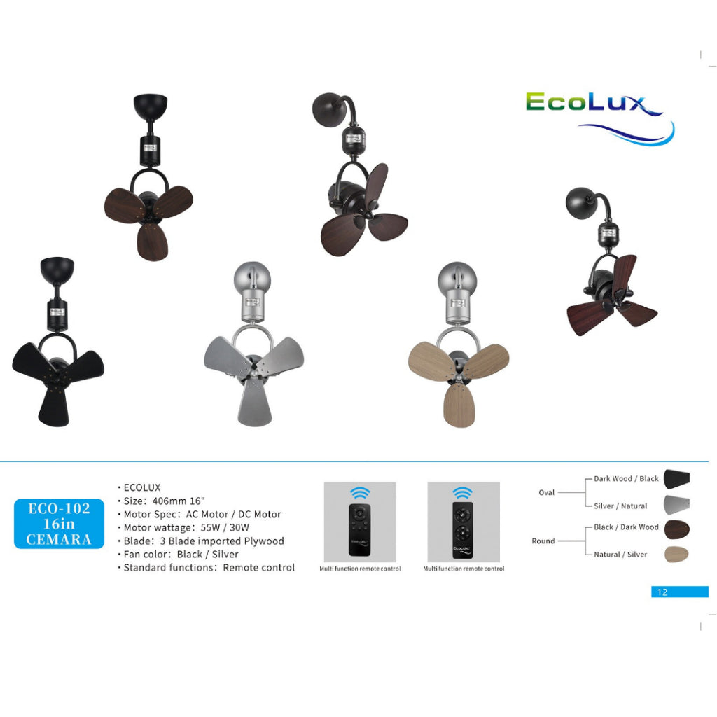 ECOLUX 16 Inch Cemara Kipas Plafon & Kipas Dinding Low Watt | Hemat Listrik | Remote Control | Black / Silver | Baling Oval & Round