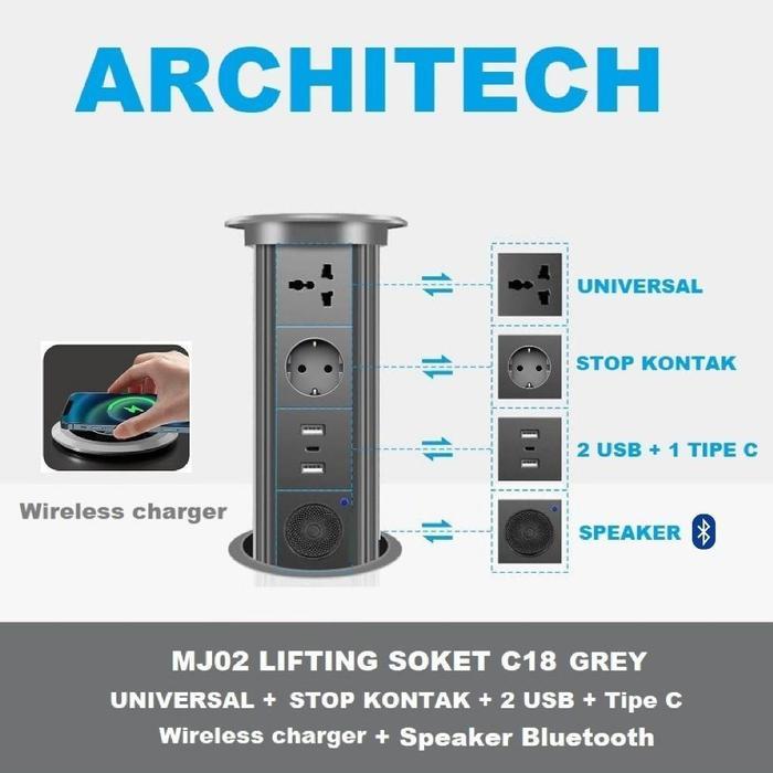 ARCHITECH MJ02 Lifting Socket Stop Kontak Meja | Pop Up Socket Meja Tanam | Hidden Desk Power Socket | Stop Kontak Meja Kantor Modern