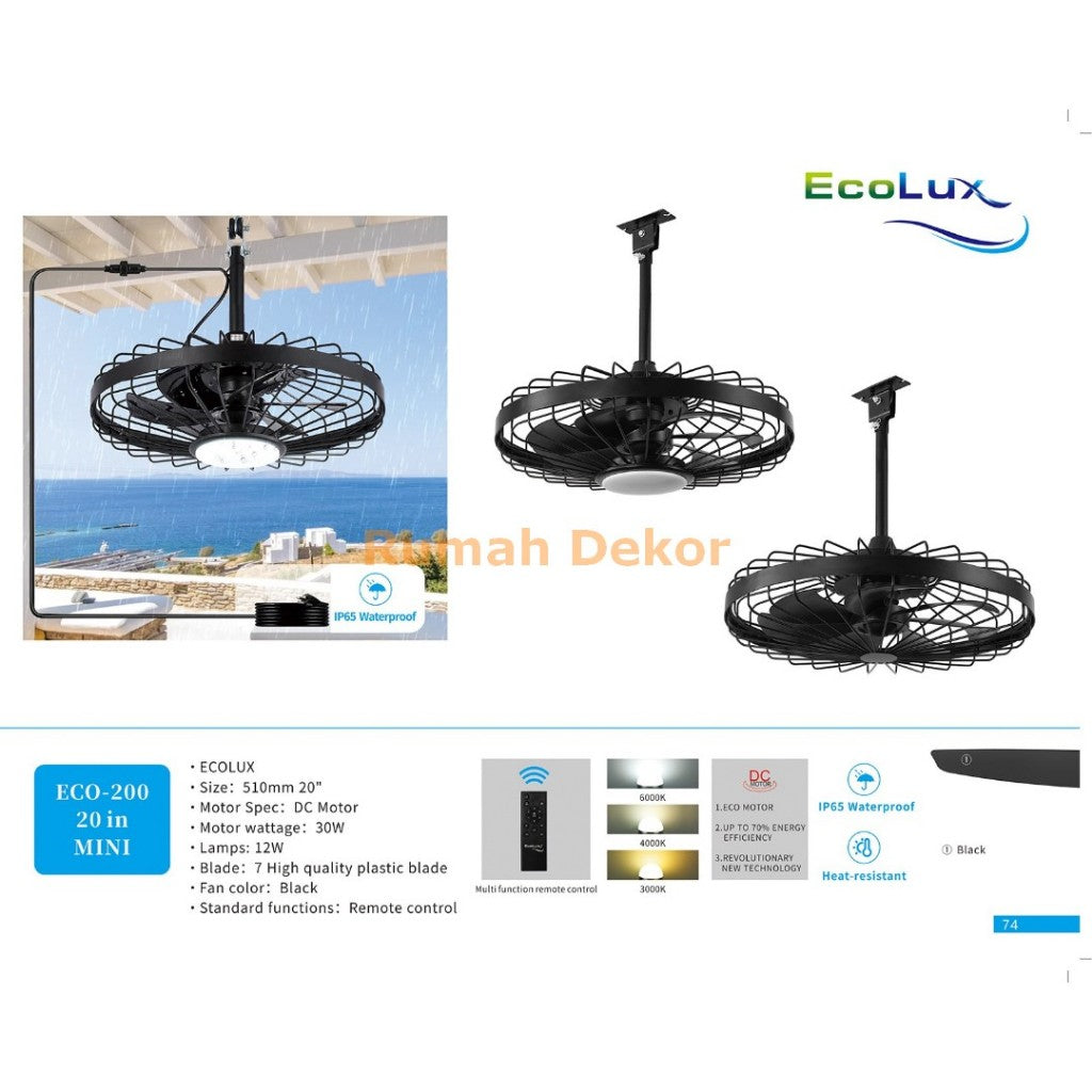 Kipas Plafon 20 Inch Mini Ecolux IP65 Waterproof – DC Motor Hemat Energi + Remote Control