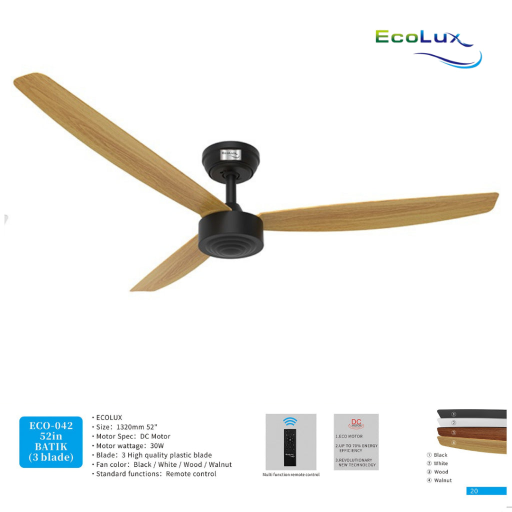 Ecolux Batik 52IN Ceiling Fan 3 Blade + Remote | Kipas Plafon Estetik Black White Walnut Wood