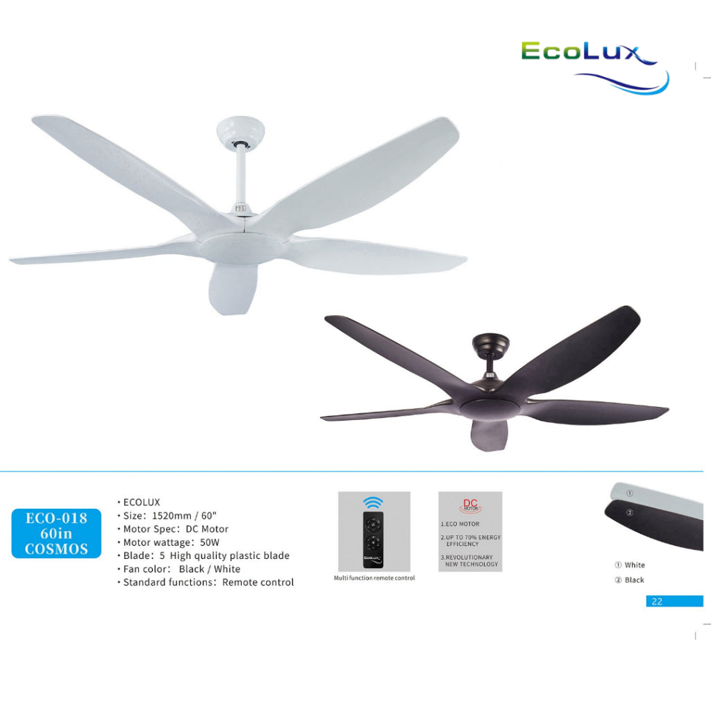 Ecolux Cosmos 60IN DC Ceiling Fan + Remote | Kipas Plafon Hemat Listrik Black White
