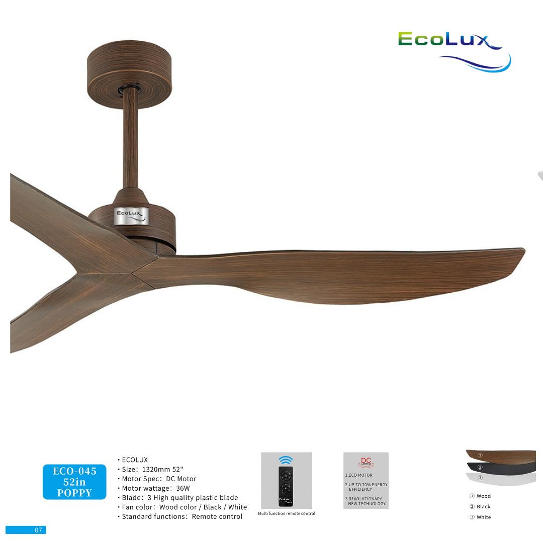 Kipas Plafon Ecolux 52 Inch POPPY Motor DC – Ceiling Fan Hemat Listrik & Senyap | Black White Wood