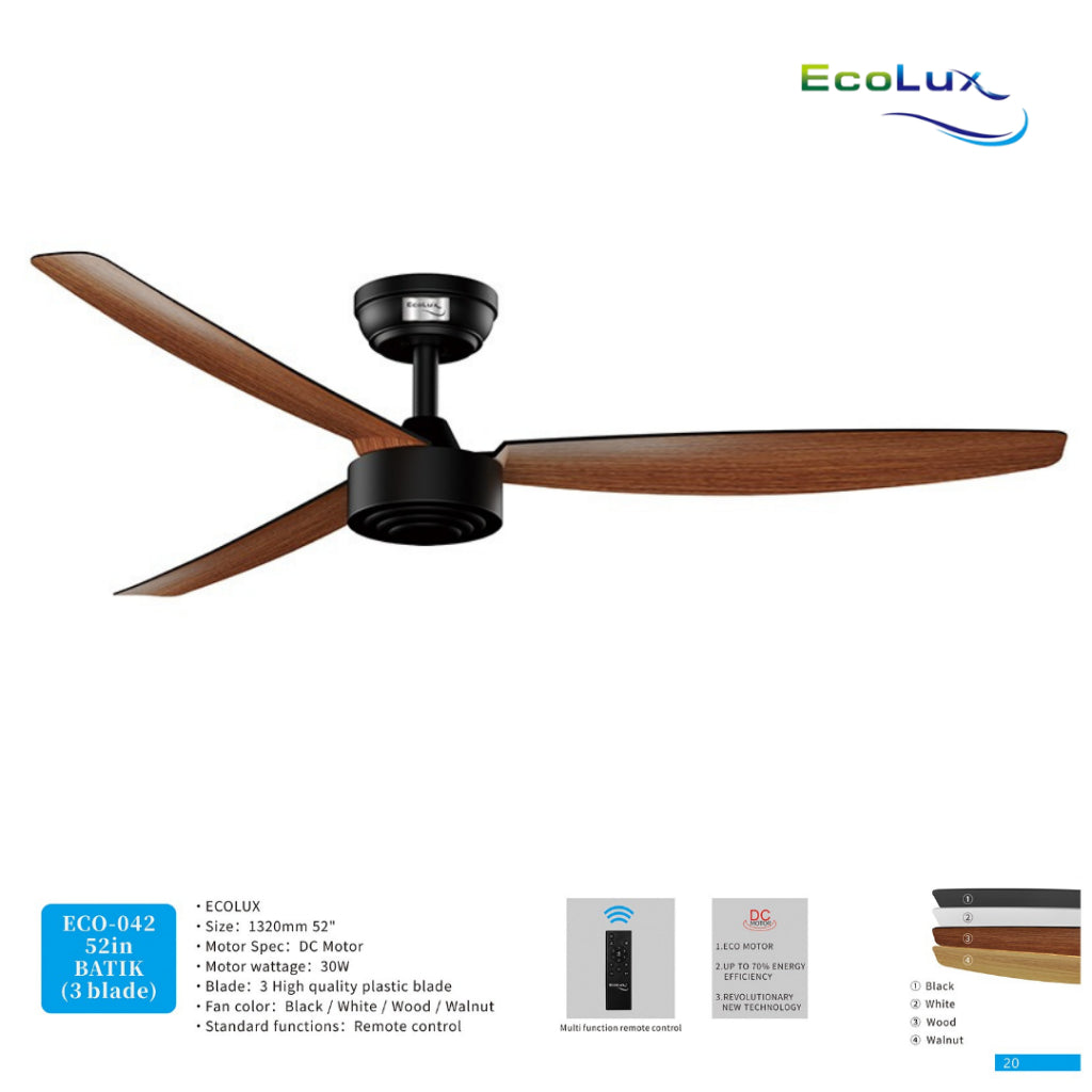 Ecolux Batik 52IN Ceiling Fan 3 Blade + Remote | Kipas Plafon Estetik Black White Walnut Wood