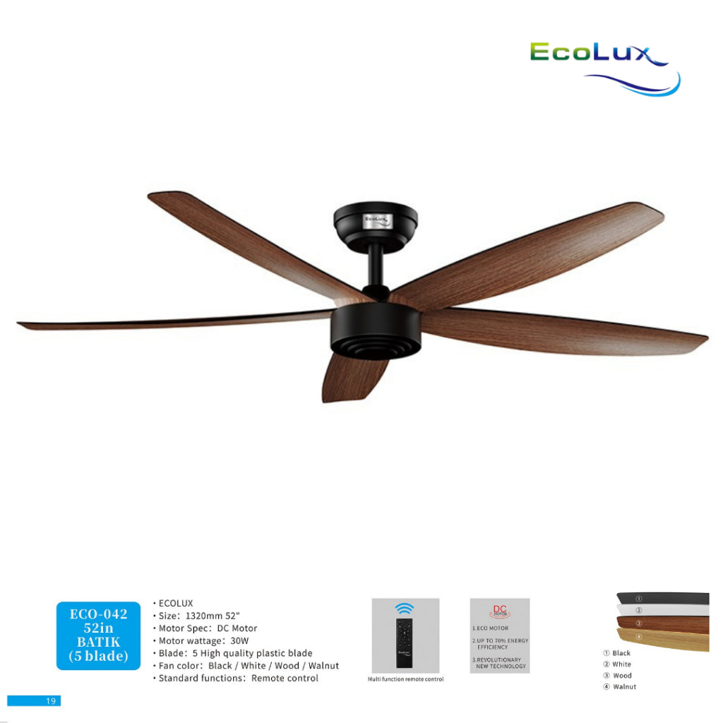 Ecolux 52IN Batik Ceiling Fan 5 Blade + Remote | Kipas Plafon Estetik Black White Walnut Wood