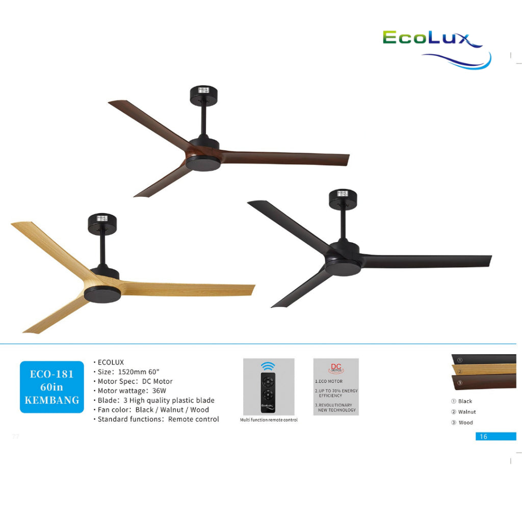 Ecolux 60IN Kembang DC Ceiling Fan Remote | Kipas Plafon Motor DC Hemat Listrik Black Walnut Wood