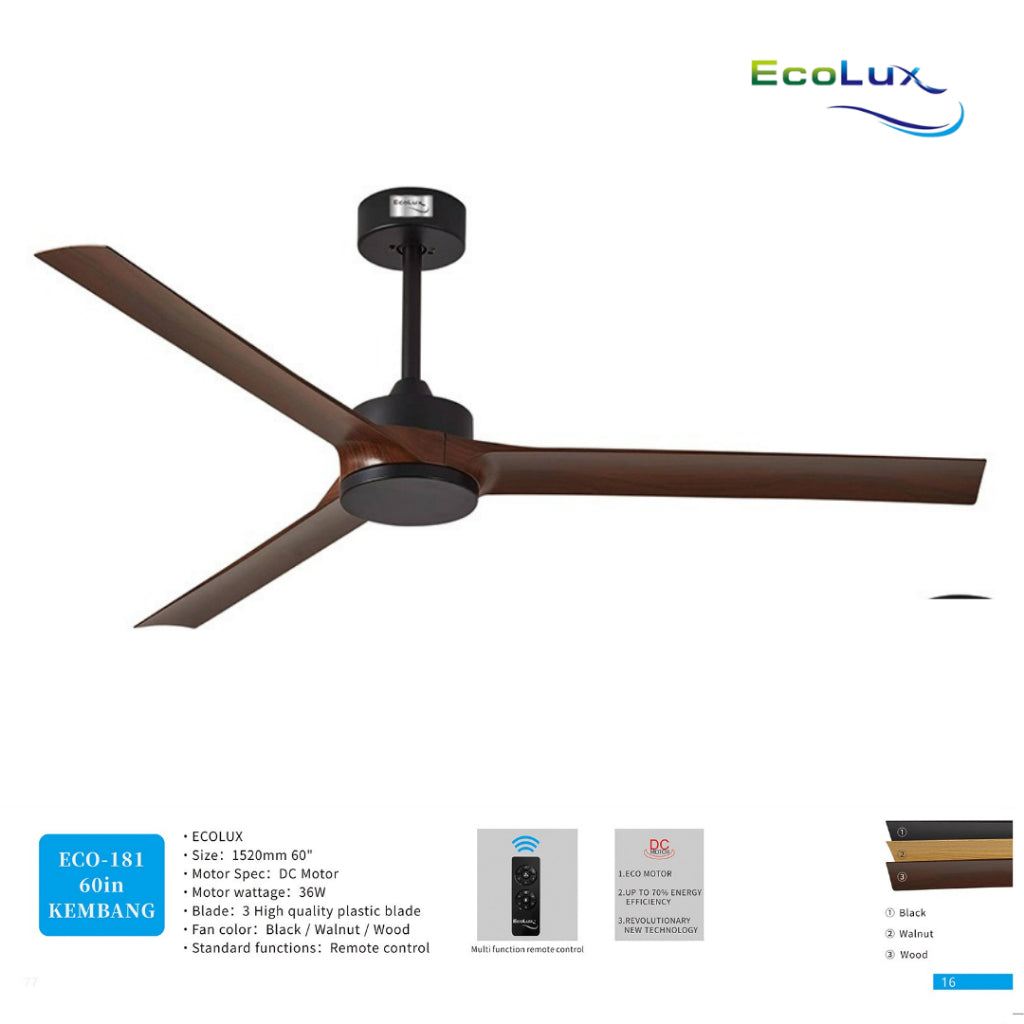 Ecolux 60IN Kembang DC Ceiling Fan Remote | Kipas Plafon Motor DC Hemat Listrik Black Walnut Wood