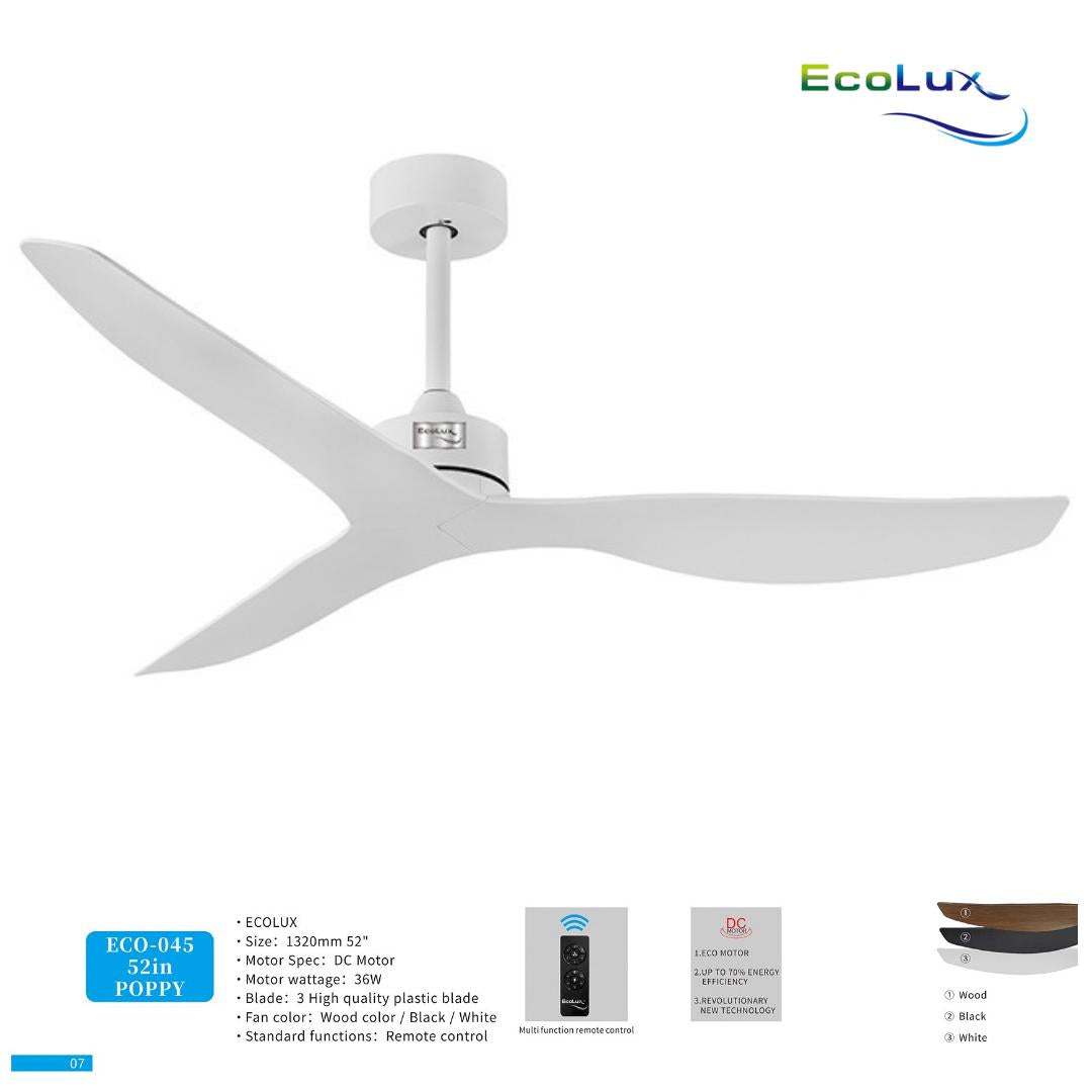 Kipas Plafon Ecolux 52 Inch POPPY Motor DC – Ceiling Fan Hemat Listrik & Senyap | Black White Wood