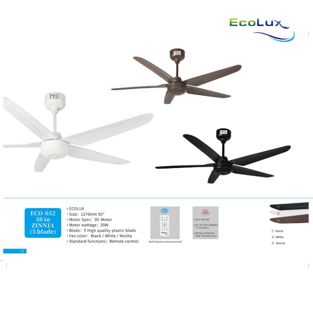 Ecolux 50IN Zinnia DC Ceiling Fan 5 Blade + Remote | Kipas Plafon Hemat Listrik Black White Mocha