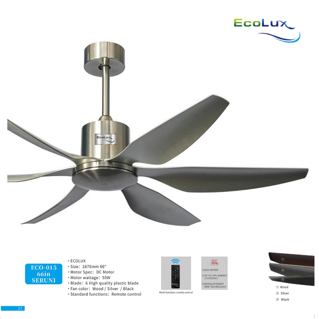 Ecolux Seruni 66IN DC Ceiling Fan + Remote | Kipas Plafon Besar Hemat Listrik Silver Black Wood