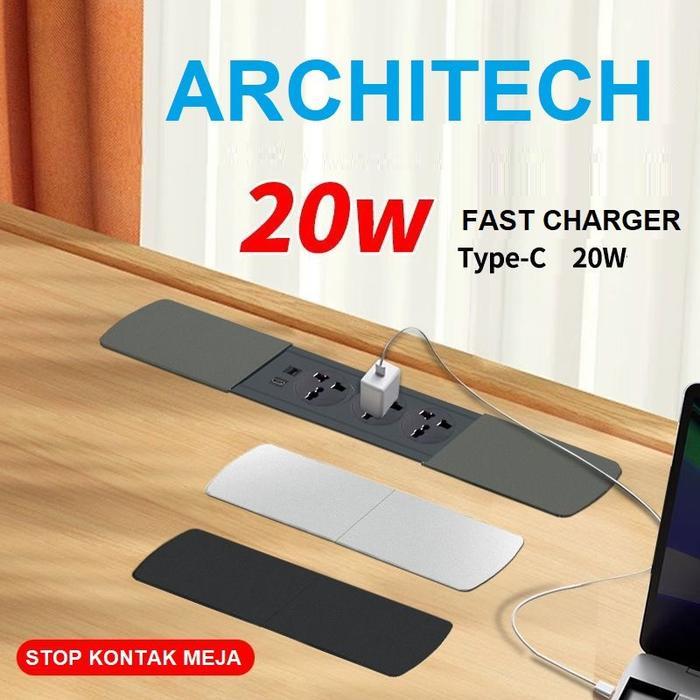 ARCHITECH MJ02 4 Lubang Stop Kontak Universal tipe Meja dengan bentuk Slim Series