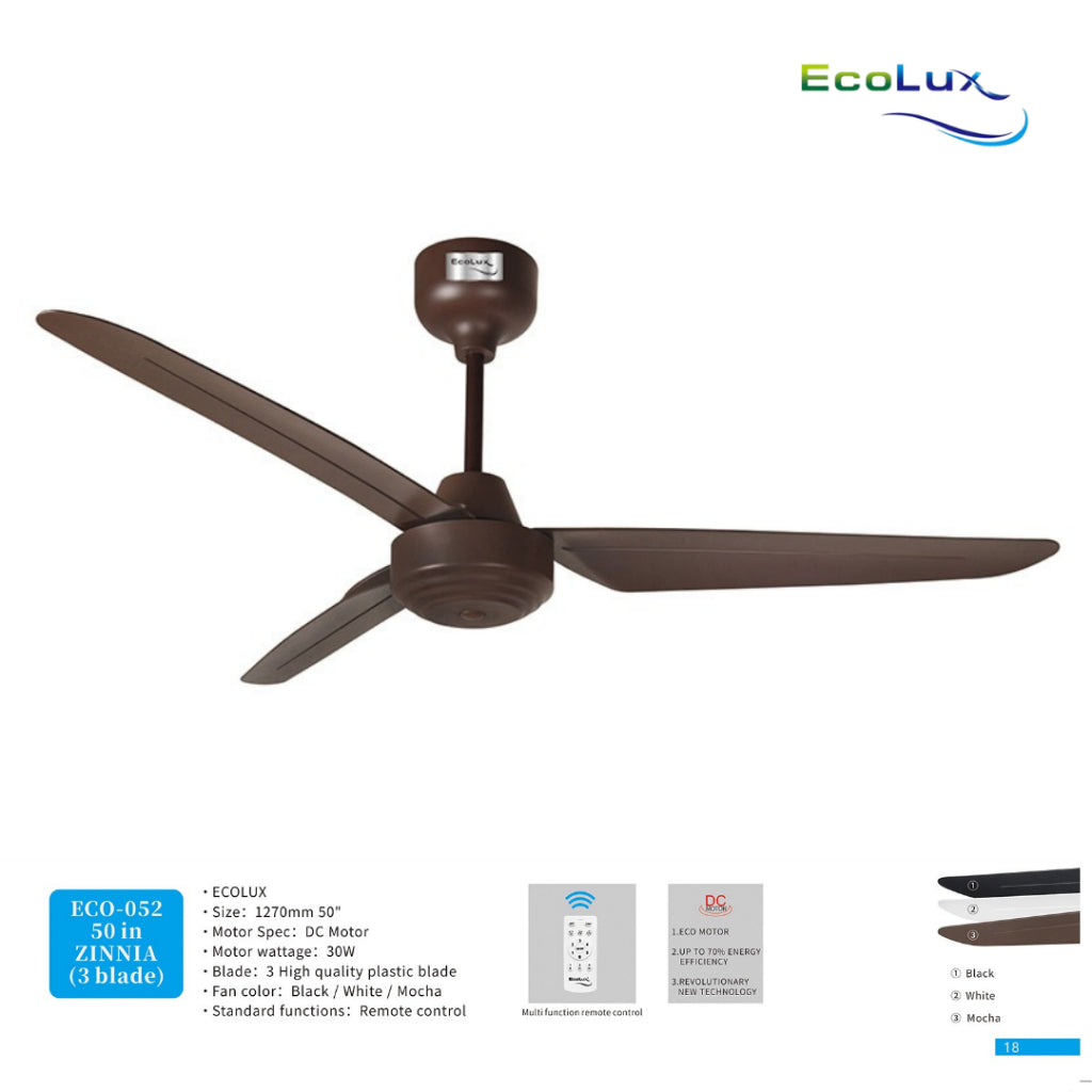 Kipas Plafon Ecolux Zinnia 50 Inch | 3 Baling Motor DC + Remote Control | Black / White / Mocha
