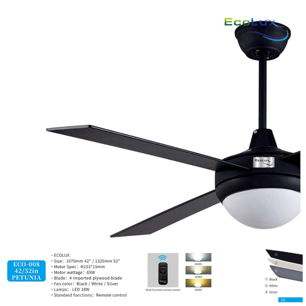 Kipas Lampu Gantung Ecolux PETUNIA 42 / 52 Inch | Ceiling Fan Lamp LED + Remote | Hemat Listrik | Desain Elegan Minimalis