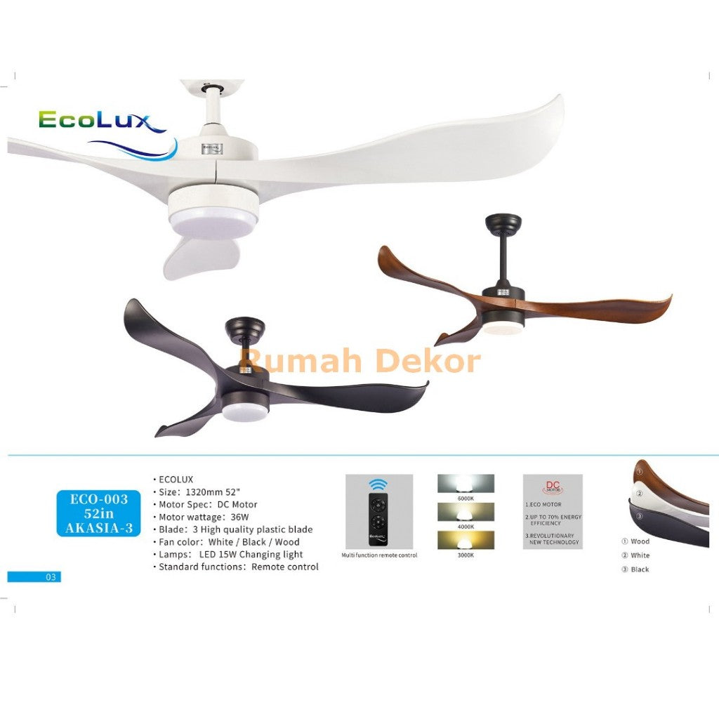 Kipas Angin Plafon Ecolux AKASIA 52 Inch – Ceiling Fan Gantung Elegan, Motor Kuat & Hemat Listrik