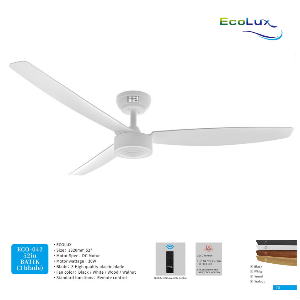 Ecolux Batik 52IN Ceiling Fan 3 Blade + Remote | Kipas Plafon Estetik Black White Walnut Wood