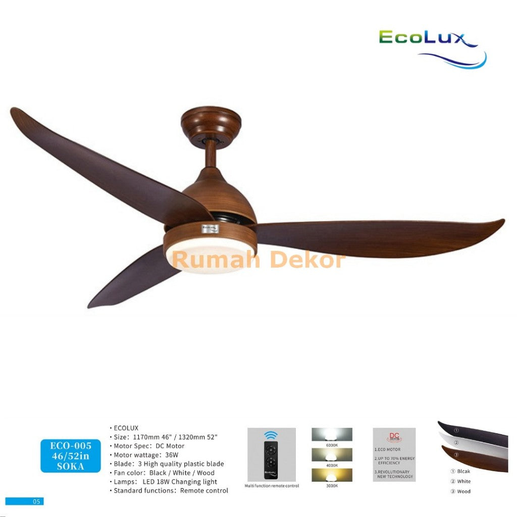 Ecolux Soka Ceiling Fan 46 / 52 Inch – Premium Motor, Putaran Stabil, Elegan & Tahan Lama
