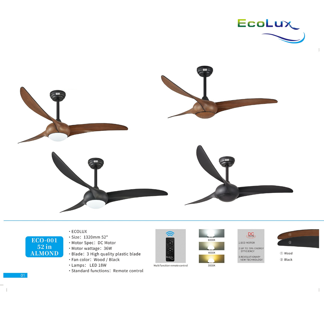 Ecolux 52IN ALMOND Ceiling Fan dengan motor DC Remote Control