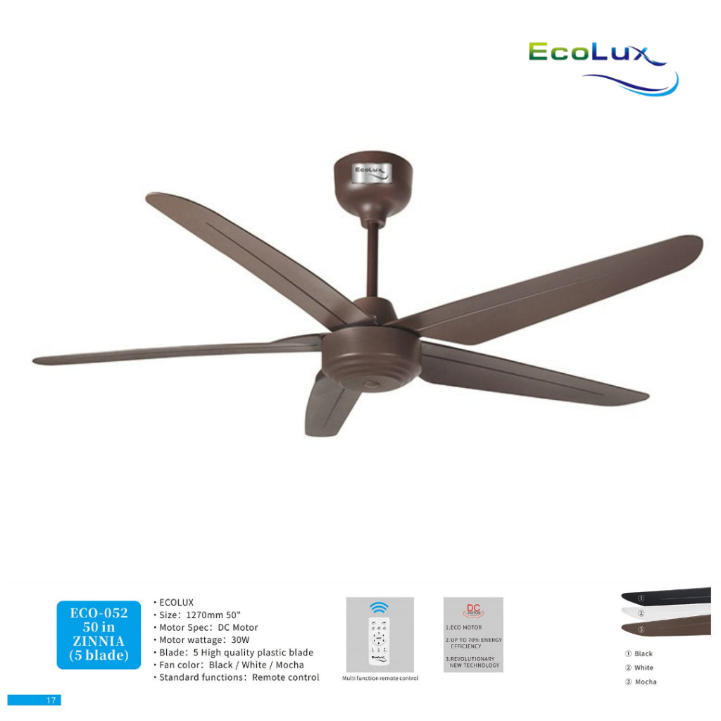 Ecolux 50IN Zinnia DC Ceiling Fan 5 Blade + Remote | Kipas Plafon Hemat Listrik Black White Mocha