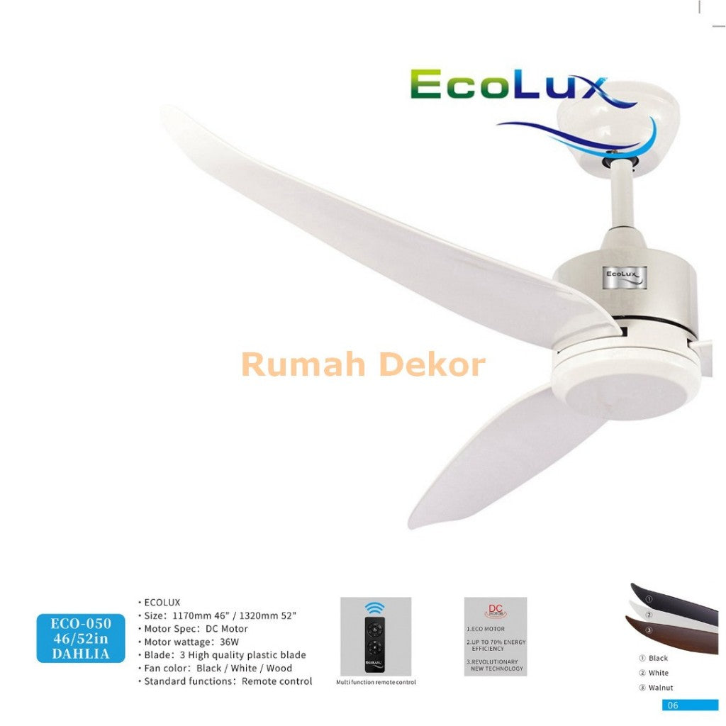Kipas Plafon Ecolux DAHLIA 46 / 52 Inch – Motor Full Tembaga, Angin Kencang, Suara Halus, Hemat Daya