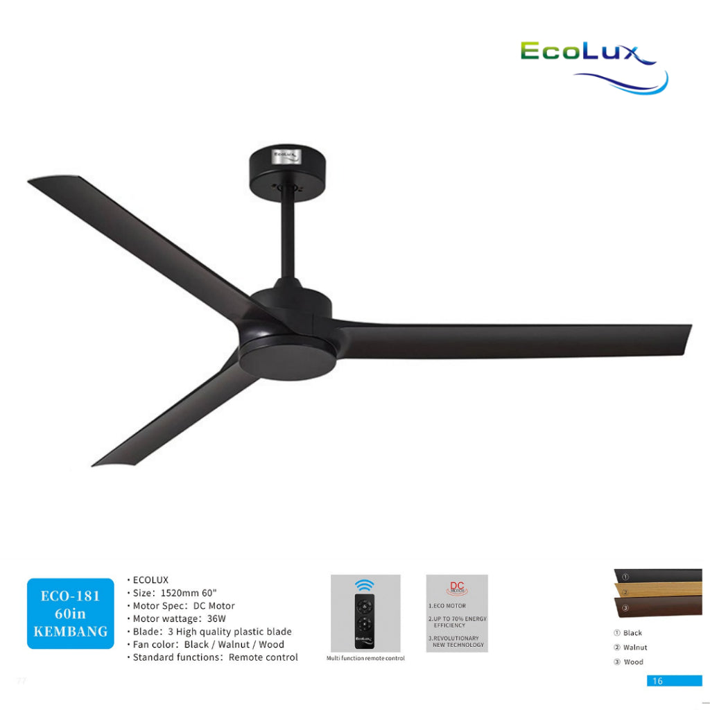 Ecolux 60IN Kembang DC Ceiling Fan Remote | Kipas Plafon Motor DC Hemat Listrik Black Walnut Wood