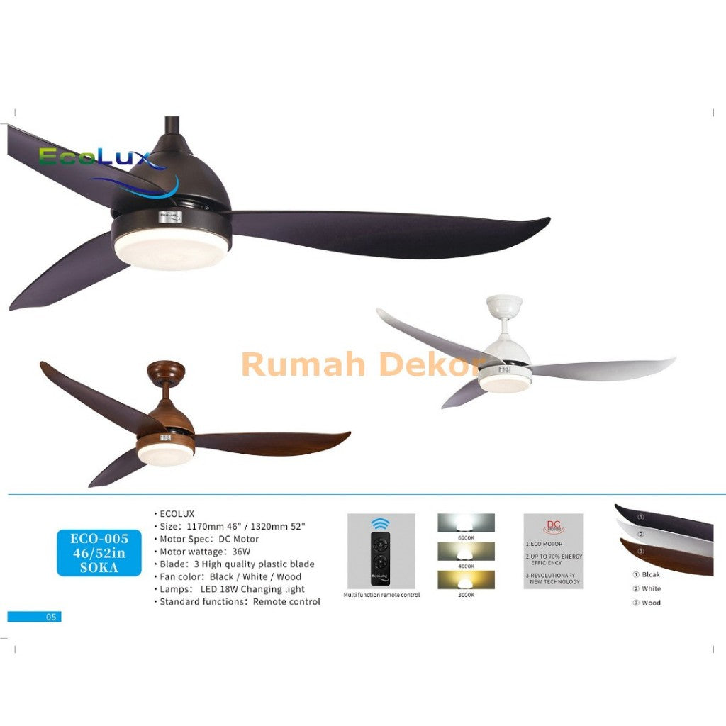 Ecolux Soka Ceiling Fan 46 / 52 Inch – Premium Motor, Putaran Stabil, Elegan & Tahan Lama