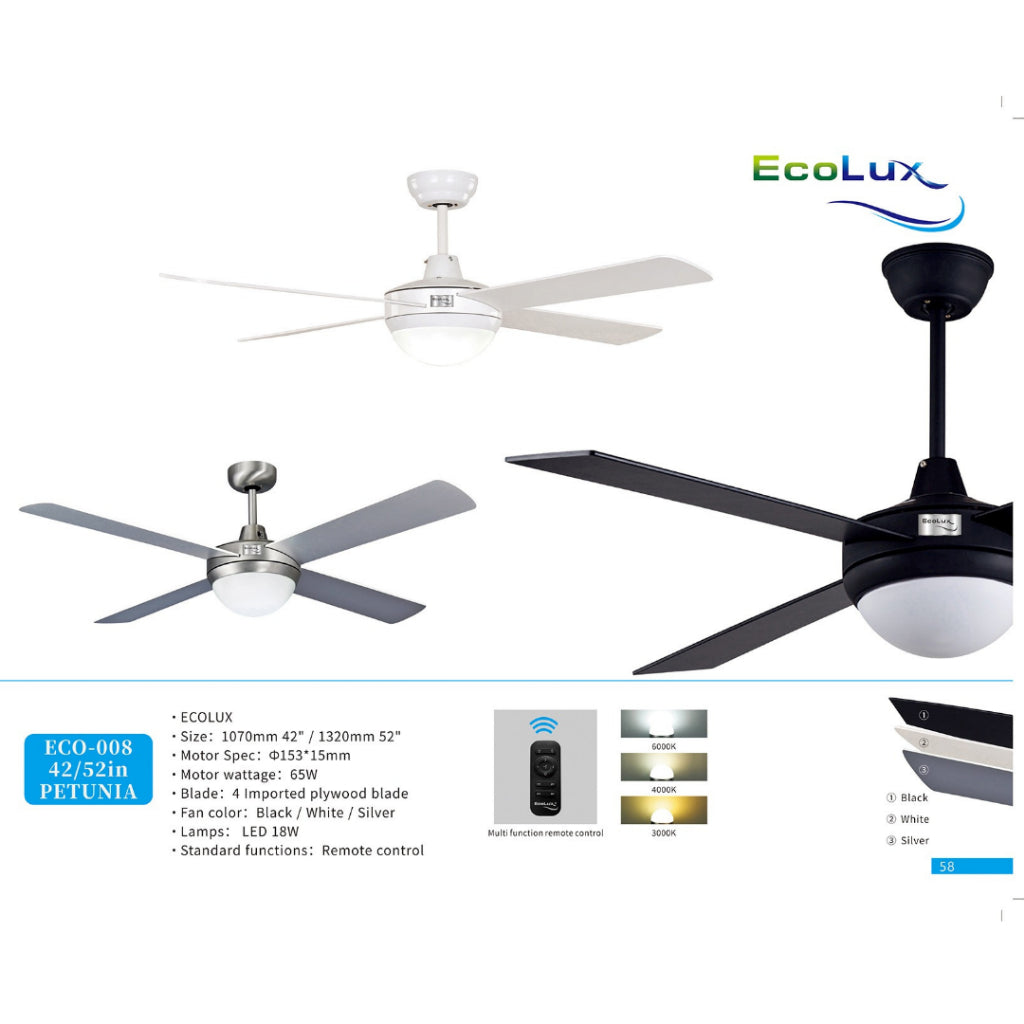 Kipas Lampu Gantung Ecolux PETUNIA 42 / 52 Inch | Ceiling Fan Lamp LED + Remote | Hemat Listrik | Desain Elegan Minimalis