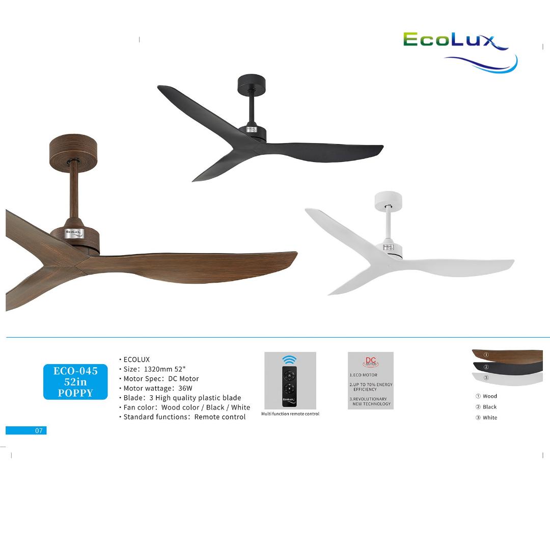 Kipas Plafon Ecolux 52 Inch POPPY Motor DC – Ceiling Fan Hemat Listrik & Senyap | Black White Wood