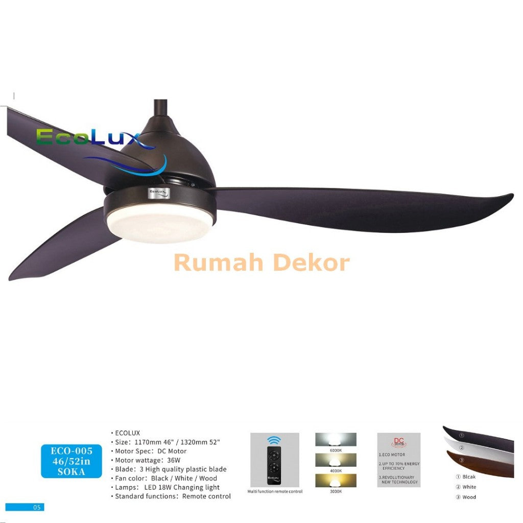 Ecolux Soka Ceiling Fan 46 / 52 Inch – Premium Motor, Putaran Stabil, Elegan & Tahan Lama