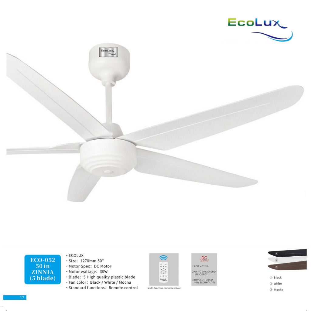 Ecolux 50IN Zinnia DC Ceiling Fan 5 Blade + Remote | Kipas Plafon Hemat Listrik Black White Mocha