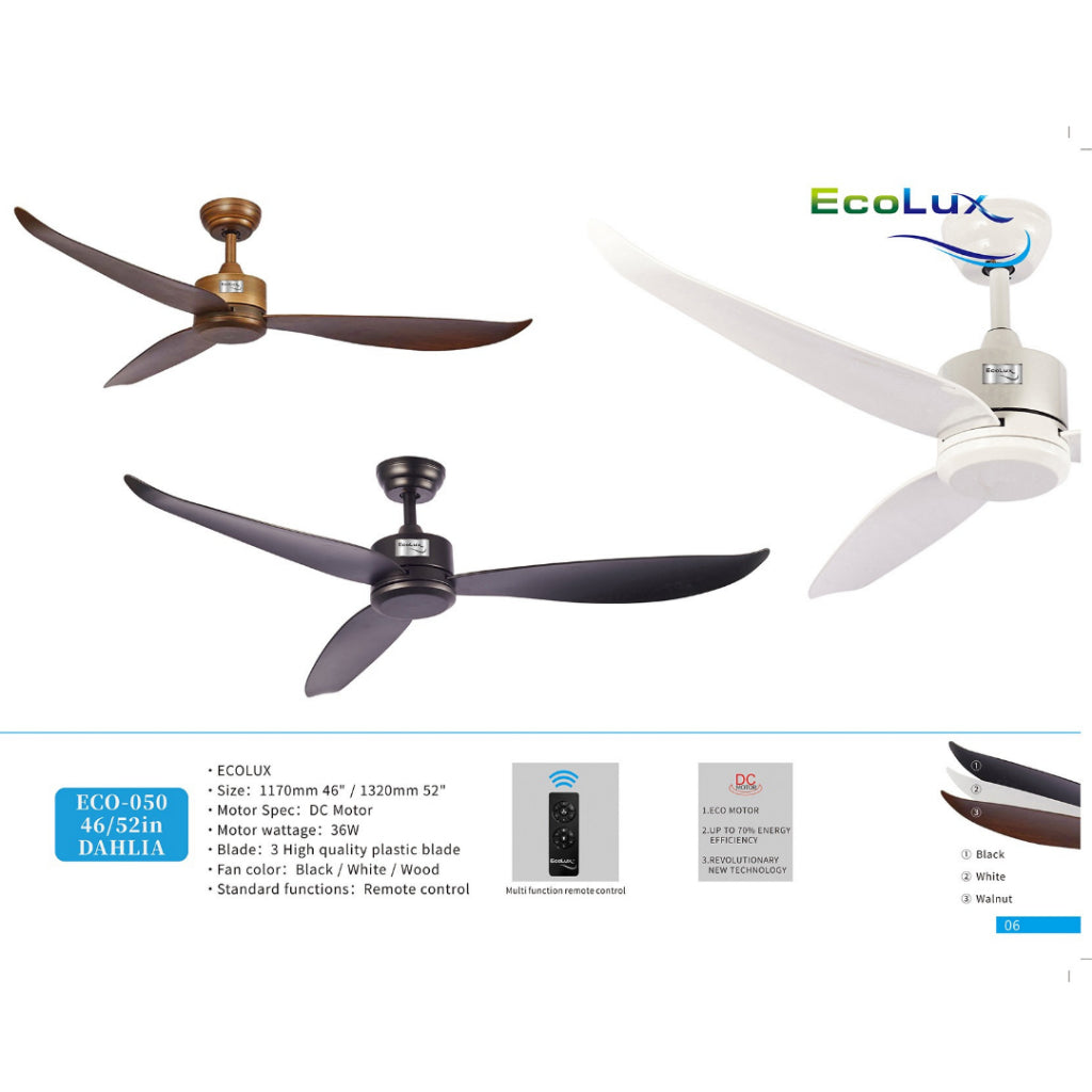 Kipas Plafon Ecolux DAHLIA 46 / 52 Inch – Motor Full Tembaga, Angin Kencang, Suara Halus, Hemat Daya