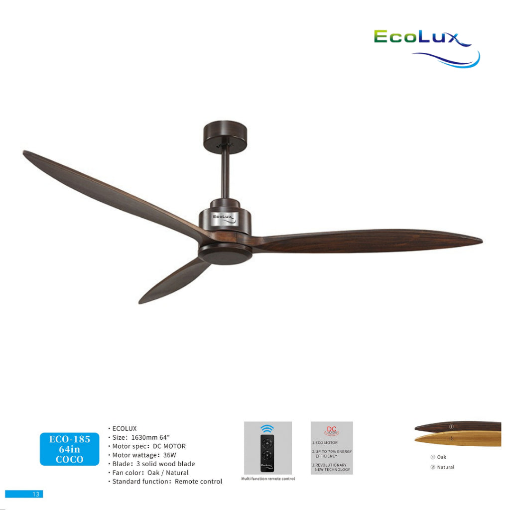 Ecolux 64IN COCO Ceiling Fan 3 Baling Kayu Oak & Natural | Kipas Angin Plafon Gantung Mewah Estetik