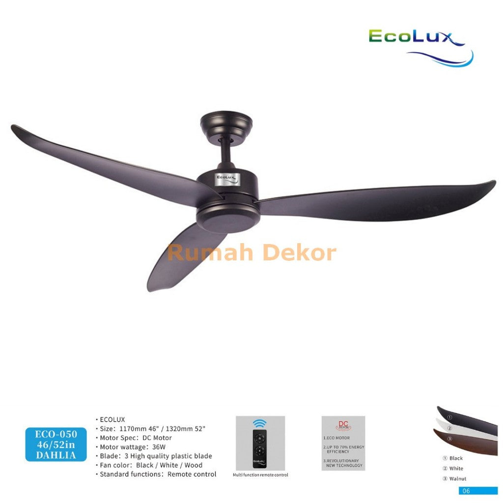 Kipas Plafon Ecolux DAHLIA 46 / 52 Inch – Motor Full Tembaga, Angin Kencang, Suara Halus, Hemat Daya