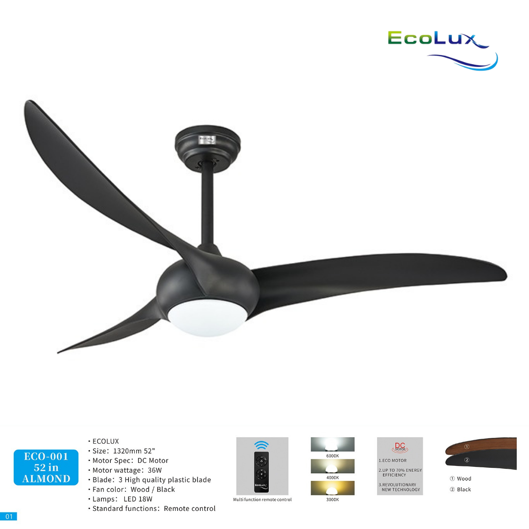 Ecolux 52IN ALMOND Ceiling Fan dengan motor DC Remote Control