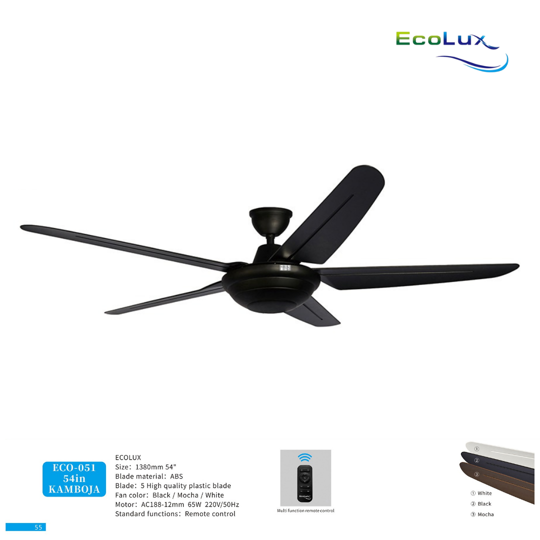 Ecolux Kamboja 54 Inch Ceiling Fan Remote Control | Kipas Angin Gantung Plafon Modern Warna Black, White & Mocha