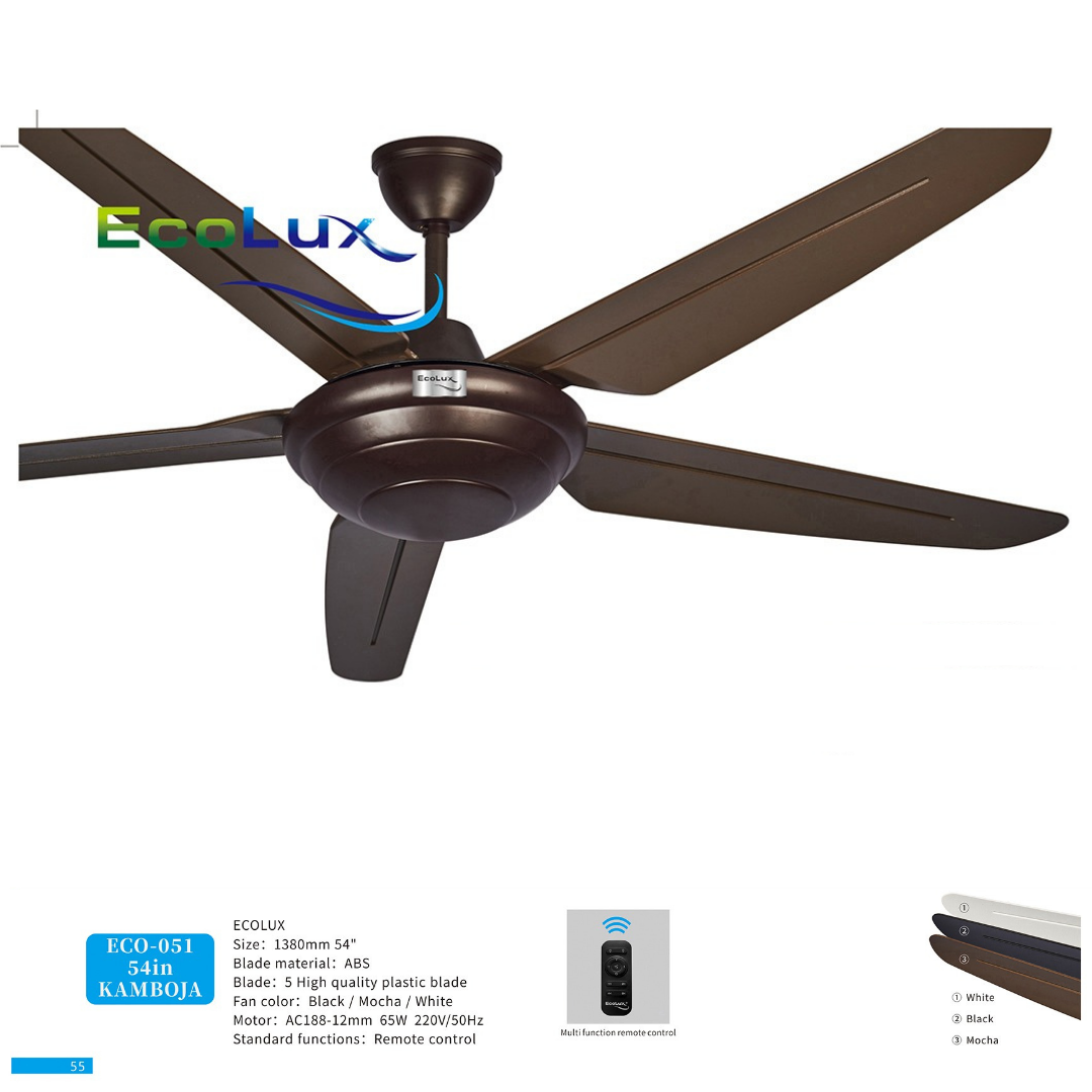 Ecolux Kamboja 54 Inch Ceiling Fan Remote Control | Kipas Angin Gantung Plafon Modern Warna Black, White & Mocha