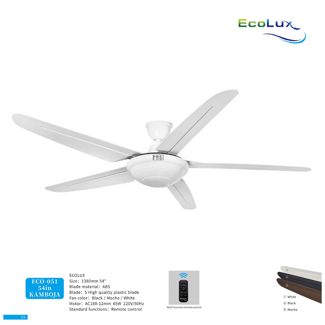 Ecolux Kamboja 54 Inch Ceiling Fan Remote Control | Kipas Angin Gantung Plafon Modern Warna Black, White & Mocha