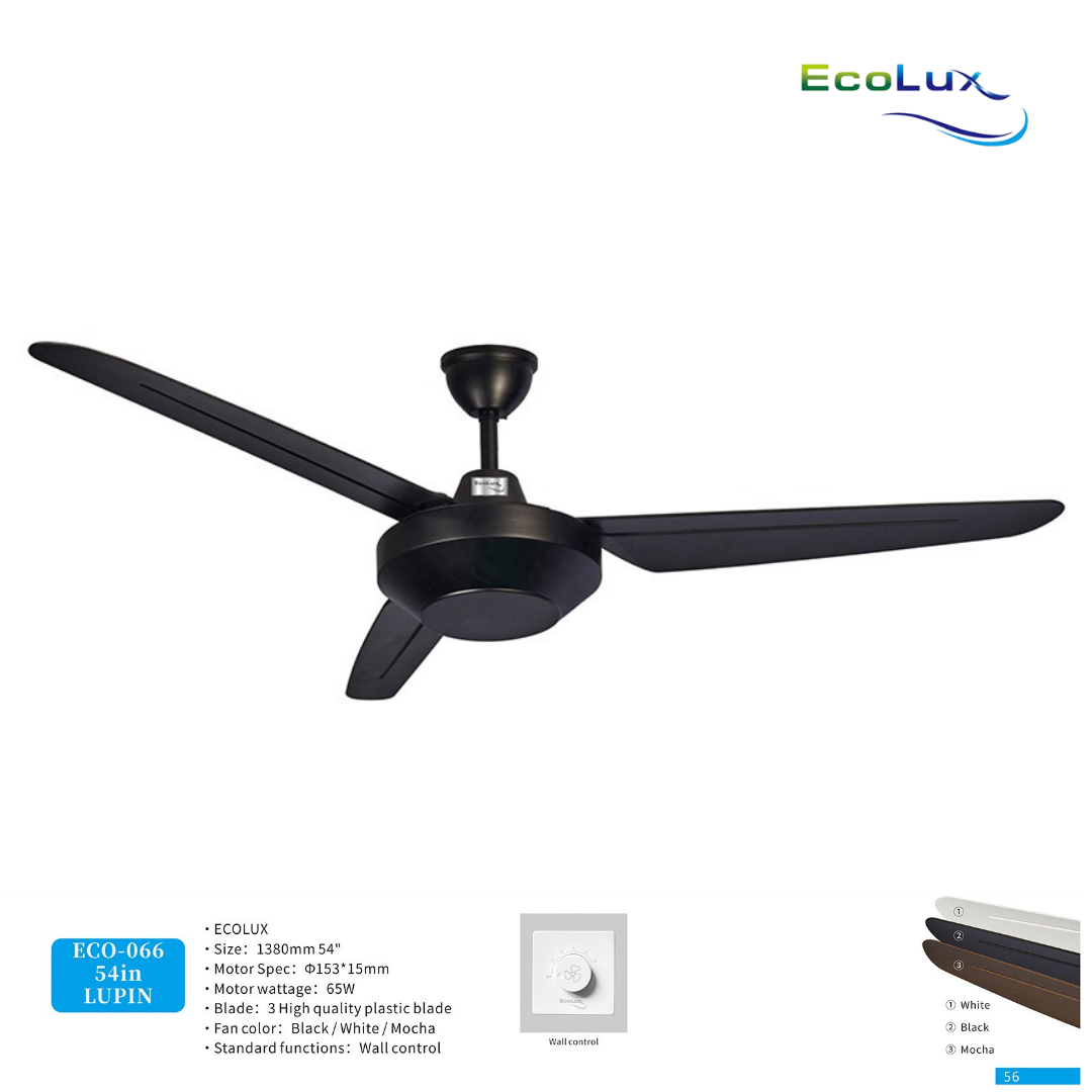 Ecolux Lupin 54 Inch Ceiling Fan Wall Control | Kipas Angin Gantung Plafon Modern Warna Black, White & Mocha