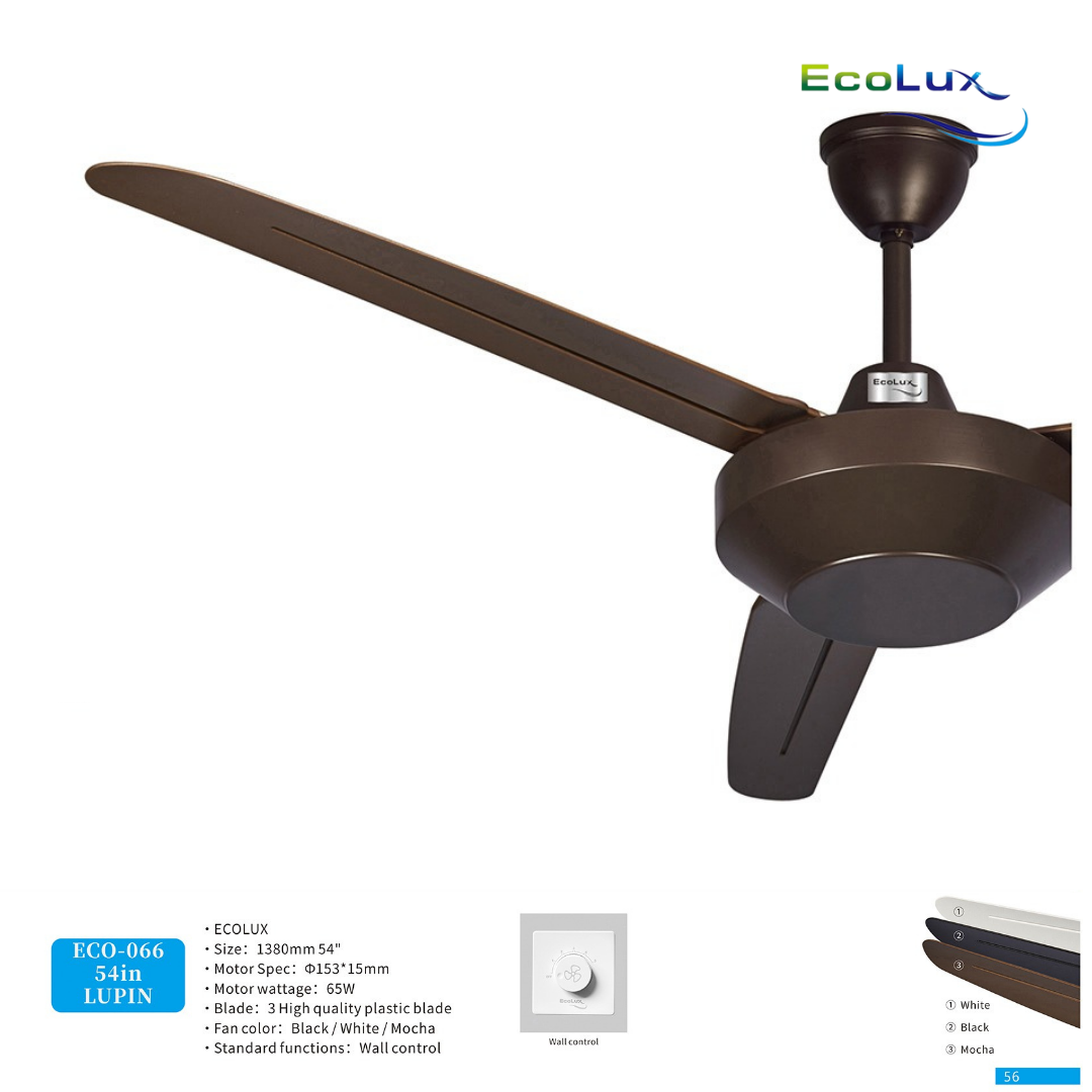 Ecolux Lupin 54 Inch Ceiling Fan Wall Control | Kipas Angin Gantung Plafon Modern Warna Black, White & Mocha